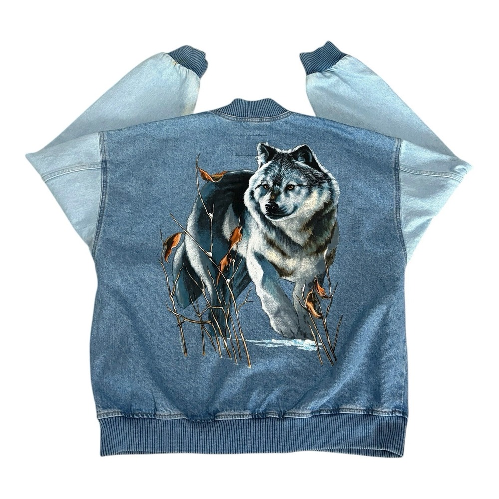 VTG iD Sport Denim Bomber Jacket Men Size L Wolf Screen Print Back Blue Jean Y2K